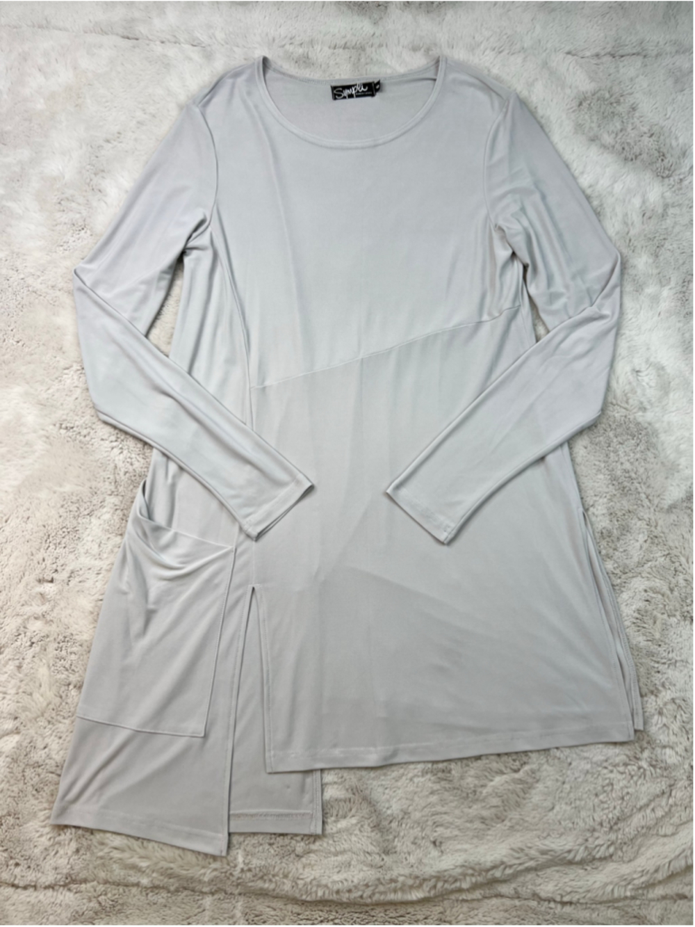 Sympli Long Sleeve Tunic Top Grey Size 6 Stretchy Dress Slit Asymmetrical Pocke